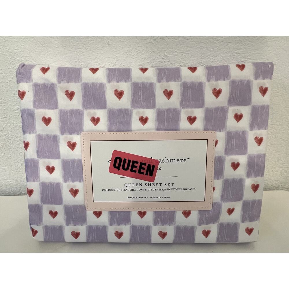 Cupcakes & Cashmere Queen Sheet Set Pink Purple Hearts NWT Bedding